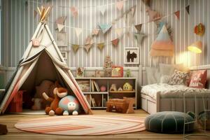 Modern child bedroom interior design in house with decoration children. Colorful children bedroom photo