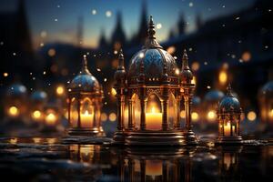Eid mubarak and ramadan kareem greetings with islamic lantern and mosque. Eid al fitr background. Eid al fitr background of window concept by photo