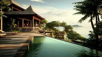 Thai balinese luxury villa with infinity swimming pool. A tropical garden in ubud bali indonesia concept by AI Generated photo