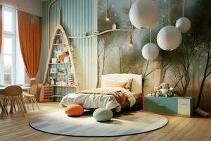 moderno niño dormitorio interior diseño en casa con decoración niños. vistoso niños dormitorio concepto por ai generado foto