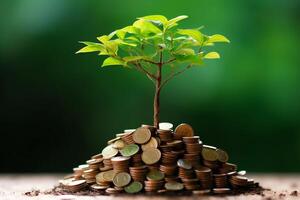 Business growth with a growing tree on a coin. Showing financial developments. Financial planning concept by AI Generated photo