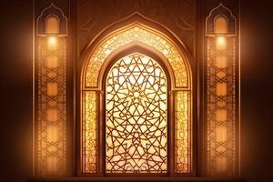 Eid mubarak and ramadan kareem greetings with islamic lantern and mosque. Eid al fitr background. Eid al fitr background of window concept by photo