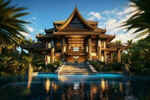 Thai balinese luxury villa with infinity swimming pool. A tropical garden in ubud bali indonesia concept by AI Generated photo