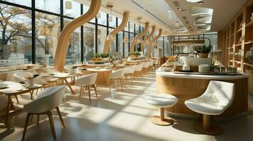 un magnífico restaurante o café tienda con moderno estilo y un de madera. interior de un restaurante concepto por ai generado foto