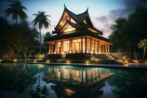 Thai balinese luxury villa with infinity swimming pool. A tropical garden in ubud bali indonesia concept by AI Generated photo