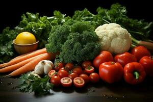 Collection mix fresh vegetables and fruits for a salad. Healthy diet concept and vegetables food by AI Generated photo