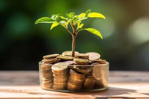 Business growth with a growing tree on a coin. Showing financial developments. Financial planning concept by AI Generated photo