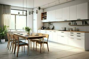 Modern kitchen interior design in apartment or house with furniture. Luxury kitchen home scandinavian concept by AI Generated photo