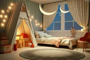 Modern child bedroom interior design in house with decoration children. Colorful children bedroom concept by AI Generated photo