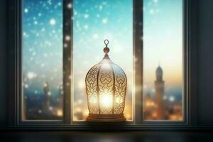 Eid mubarak and ramadan kareem greetings with islamic lantern and mosque. Eid al fitr background. Eid al fitr background of window concept by AI Generated photo