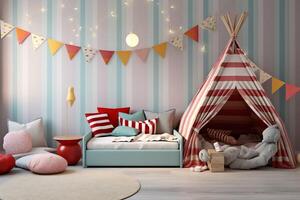 Modern child bedroom interior design in house with decoration children. Colorful children bedroom photo