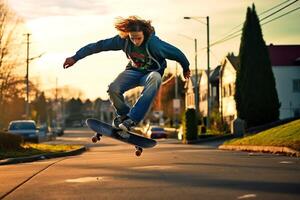 un caucásico hombre haciendo trucos o saltando en un patineta a el calle. joven hombre con patinador saltando concepto por ai generado foto