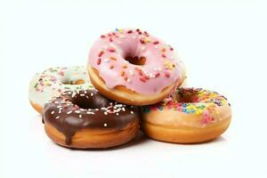 Colorful and tasty various donuts with colorful sprinkles sugar. Delicious dessert donuts background concept by AI Generated photo