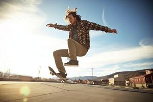 un caucásico hombre haciendo trucos o saltando en un patineta a el calle. joven hombre con patinador saltando concepto por ai generado foto