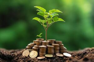 Business growth with a growing tree on a coin. Showing financial developments. Financial planning concept by AI Generated photo