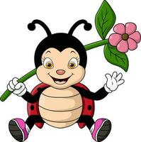 Cute ladybug cartoon holding flower vector