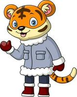 linda Tigre dibujos animados vistiendo invierno ropa vector