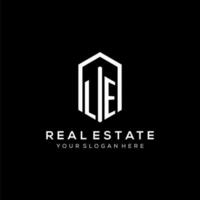 Letter LE logo for real estate with hexagon icon design vector