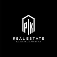 Letter PK logo for real estate with hexagon icon design vector