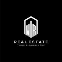 Letter WR logo for real estate with hexagon icon design vector