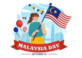 Happy Malaysia Day Celebration Vector Illustration on 16 September with Waving Flag and Twin Towers in Flat Cartoon Hand Drawn Templates