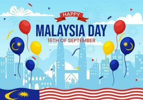 Happy Malaysia Day Celebration Vector Illustration on 16 September with Waving Flag and Twin Towers in Flat Cartoon Hand Drawn Templates