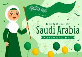 contento saudi arabia nacional día vector ilustración en septiembre 23 con ondulación bandera antecedentes en plano dibujos animados mano dibujado aterrizaje página plantillas