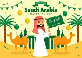 contento saudi arabia nacional día vector ilustración en septiembre 23 con ondulación bandera antecedentes en plano dibujos animados mano dibujado aterrizaje página plantillas