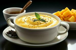 A delicious pumpkin soup food cream in a bowl. Winter food and high healthy soup meal concept by AI Generated photo