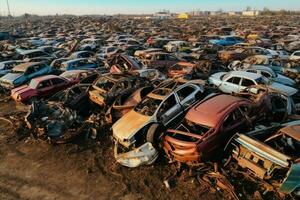 Rusting old junk cars with environment pollution in junkyard for recycling. Abandoned car waste concept by AI Generated photo