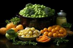 colección mezcla Fresco vegetales y frutas para un ensalada. sano dieta concepto y vegetales comida por ai generado foto
