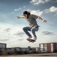 A caucasian man doing tricks or jumping on a skateboard at the street. Young man with skater jumping concept by photo