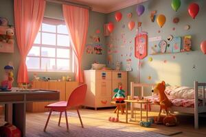 moderno niño dormitorio interior diseño en casa con decoración niños. vistoso niños dormitorio concepto por ai generado foto