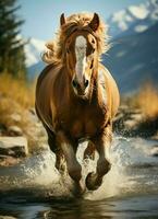 A wild horse running in the creek. Wild or farm animals concept by AI Generated photo