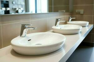 Modern public bathroom with row of white ceramic wash sink basins and faucet with mirror in restroom concept by AI Generated photo