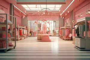 Women's fashion store in the shopping center or mall. Clothes store with mannequin. Shopping day concept by AI Generated photo