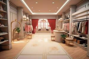 Women's fashion store in the shopping center or mall. Clothes store with mannequin. Shopping day concept by AI Generated photo