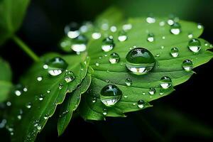 Macro shot of green leaves with water droplets, dew or rain drop on them. Green leaf nature forest concept by AI Generated photo