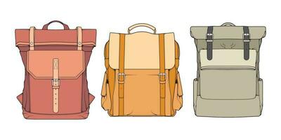 Hand drawn colorfull Vector Set of Backpacks. Cartoon Casual Backpack, cool backpack colorfull. Backpacks Vector illustration.