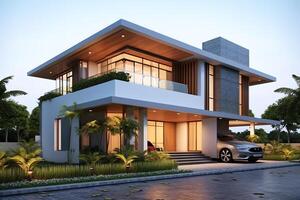 Beautiful modern house exterior with carport. Modern residential district and minimalist building concept by photo