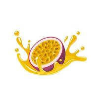 Vector illustration, passion fruit or Passiflora edulis, with splashes of juice, isolated on white background.