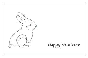 Rabbit drawn in one continuous line and inscription Happy New year. Greeting banner or postcard. Minimalist black linear sketch. Vector illustration.