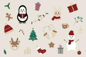 conjunto de Navidad y nuevo año elementos en plano estilo. linda animales y tradicional simbolos vector ilustración