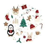 Circle set of Christmas and New Year elements in flat style. Cute animals and traditional symbols. Vector illustration