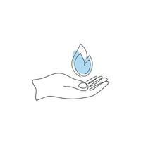 Hand holding gas symbol on white background. Black line of the hand with the image of gas symbol with blue color spot. Energy crisis. One line drawing, minimalism. Vector illustration.