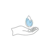 Hand holding gas symbol on white background. Black line of the hand with the image of gas symbol with blue color spot. Energy crisis. One line drawing, minimalism. Vector illustration.