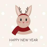 New Year's card with cute rabbit in red scarf and headband with deer antlers. Beige background with white snowflakes. Vector illustration.