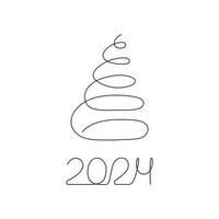 Christmas tree and inscription 2024 drawn in one continuous line. Greeting banner or postcard. Minimalist black linear sketch with color spots. Vector illustration.