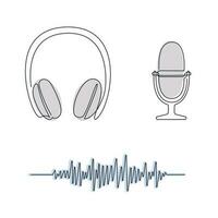 Podcast set drawn in one continuous line in color. One line drawing, minimalism. Vector illustration.