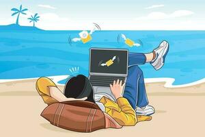 Email overload too many junk mails. Young woman relaxing on the beach looking at redundant flying letters from laptop computer vector illustration pro download